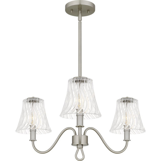 Quoizel McKinney 22in 3-Light Chandelier | Traditional Brushed Nickel and Clear Swirl Glass | Dining Room & Foyer | Model MCK5022BN