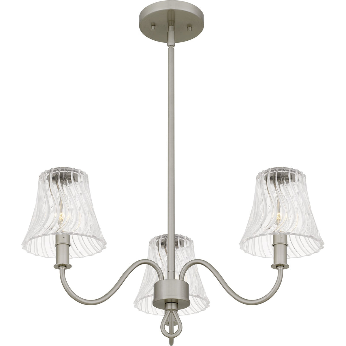 Quoizel McKinney 22in 3-Light Chandelier | Traditional Brushed Nickel and Clear Swirl Glass | Dining Room & Foyer | Model MCK5022BN
