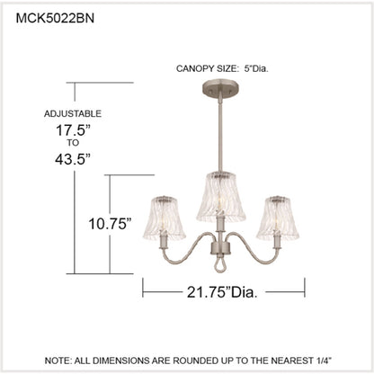 Quoizel McKinney 22in 3-Light Chandelier | Traditional Brushed Nickel and Clear Swirl Glass | Dining Room & Foyer | Model MCK5022BN