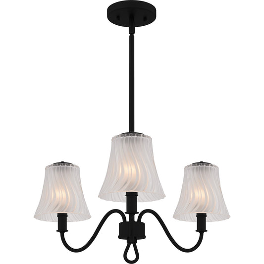 Quoizel McKinney 22in 3-Light Chandelier | Traditional Matte Black and Etched Swirl Glass | Dining Room & Foyer | Model MCK5022MBK