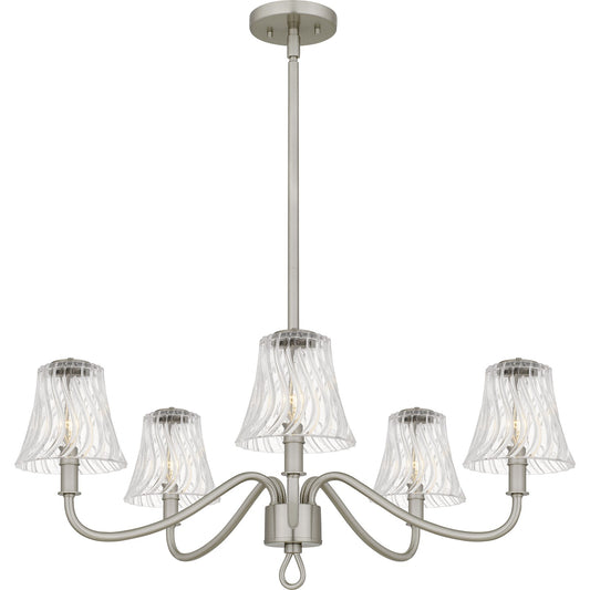 Quoizel McKinney 30in 5-Light Chandelier | Traditional Brushed Nickel and Clear Swirl Glass | Dining Room & Foyer | Model MCK5030BN