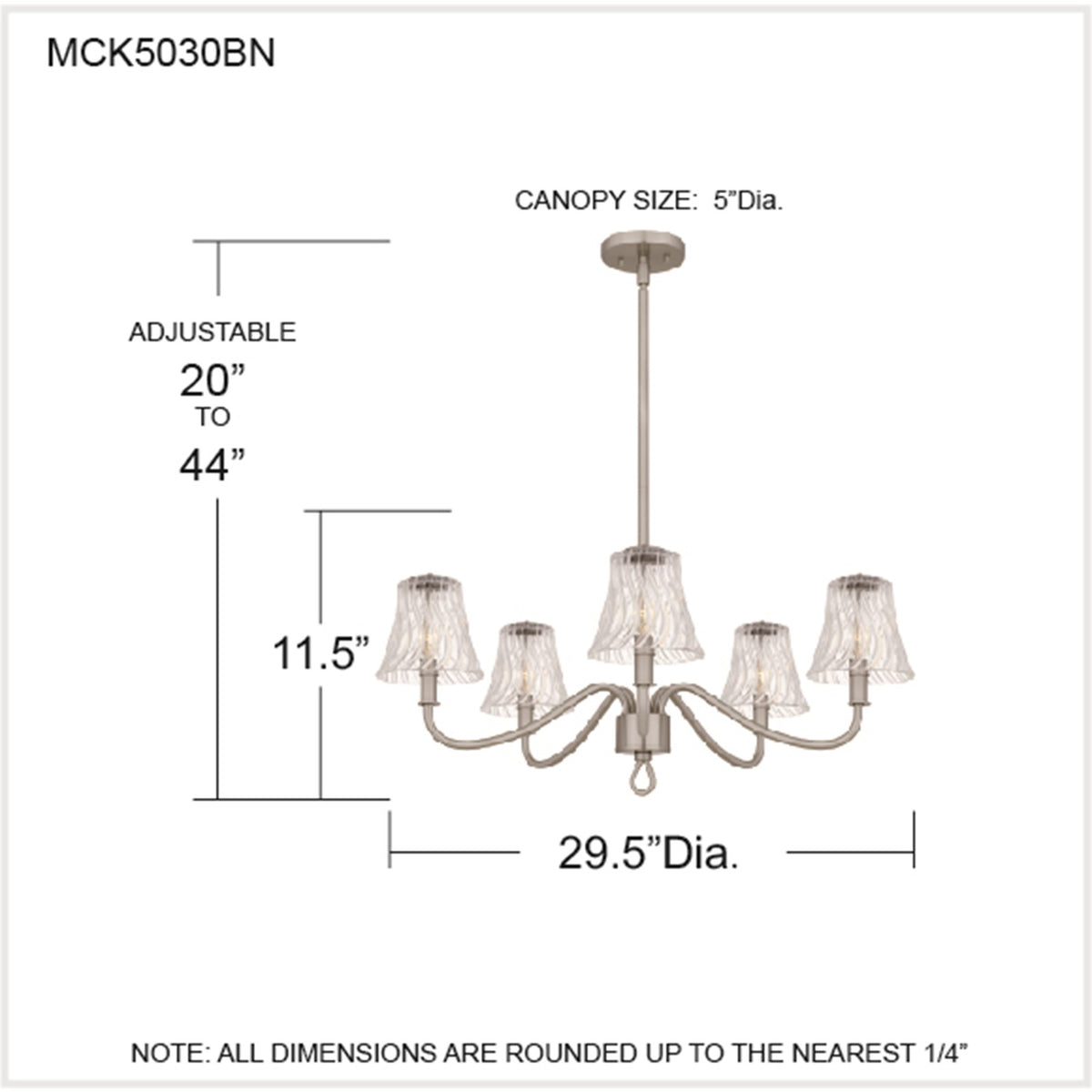 Quoizel McKinney 30in 5-Light Chandelier | Traditional Brushed Nickel and Clear Swirl Glass | Dining Room & Foyer | Model MCK5030BN