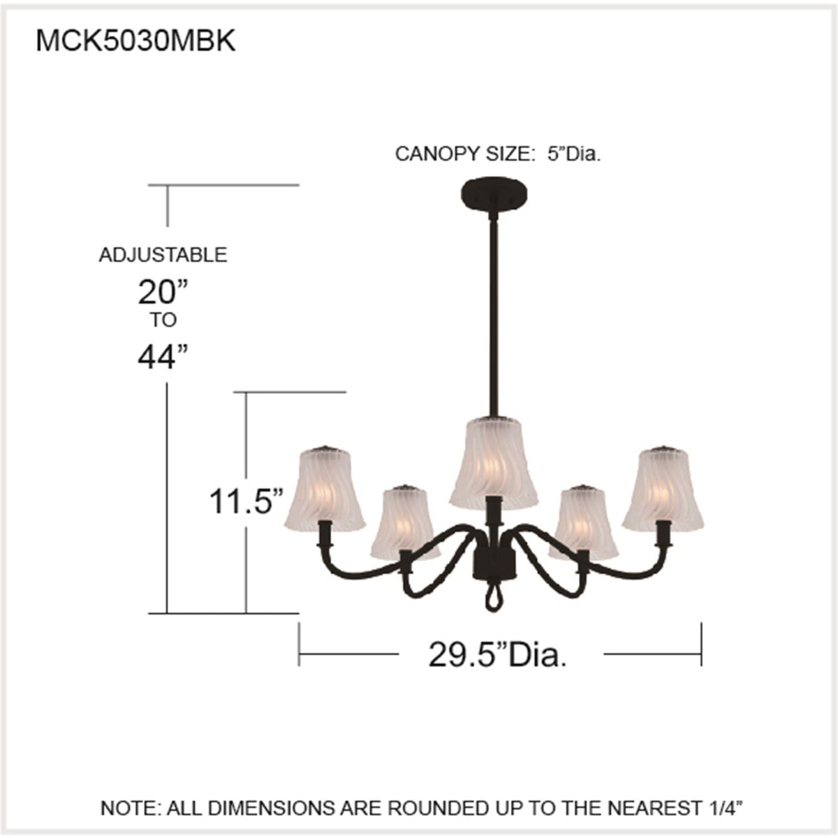 Quoizel McKinney 30in 5-Light Chandelier | Traditional Matte Black and Etched Swirl Glass | Dining Room & Foyer | Model MCK5030MBK