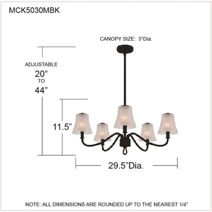 Quoizel McKinney 30in 5-Light Chandelier | Traditional Matte Black and Etched Swirl Glass | Dining Room & Foyer | Model MCK5030MBK
