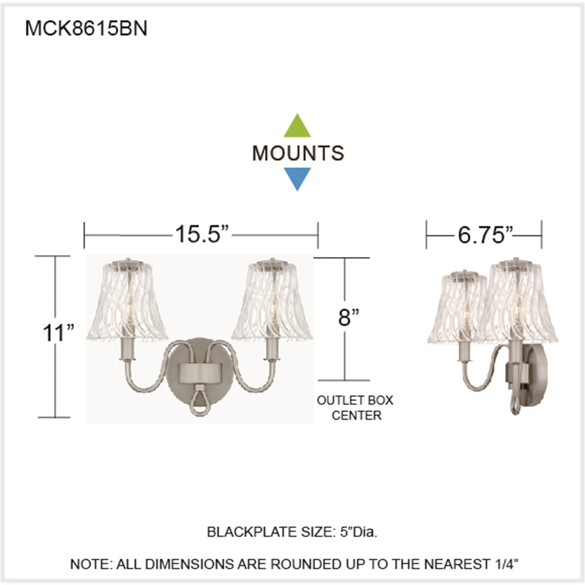 Quoizel McKinney 15in 2-Light Vanity Light | Traditional Brushed Nickel and Clear Swirl Glass | Bathroom Vanity | Model MCK8615BN