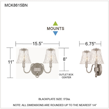 Quoizel McKinney 15in 2-Light Vanity Light | Traditional Brushed Nickel and Clear Swirl Glass | Bathroom Vanity | Model MCK8615BN