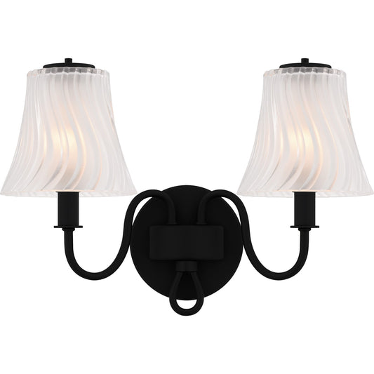 Quoizel McKinney 15in 2-Light Vanity Light | Traditional Matte Black and Etched Swirl Glass | Bathroom Vanity | 15.5 x 6.75 x 11 in | Model MCK8615MBK