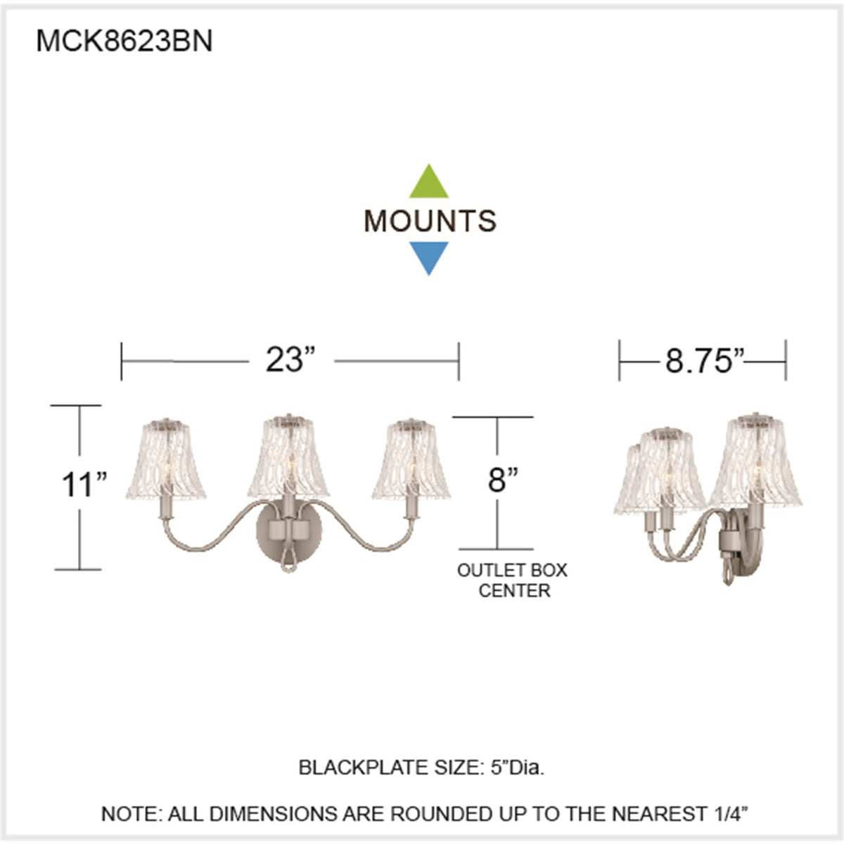 Quoizel McKinney 23in 3-Light Vanity Light | Traditional Brushed Nickel and Clear Swirl Glass | Bathroom Vanity | 23 x 8.75 x 11 in | Model MCK8623BN