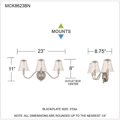 Quoizel McKinney 23in 3-Light Vanity Light | Traditional Brushed Nickel and Clear Swirl Glass | Bathroom Vanity | 23 x 8.75 x 11 in | Model MCK8623BN