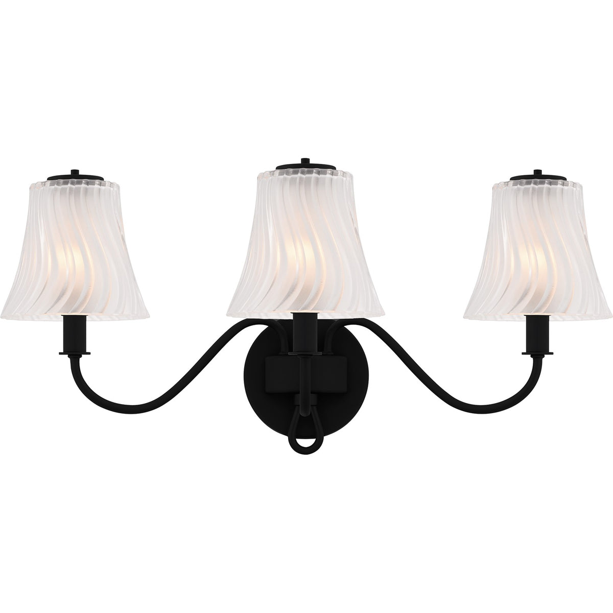 Quoizel McKinney 23in 3-Light Vanity Light | Traditional Matte Black and Clear Swirl Glass | Bathroom Vanity | 23 x 8.75 x 11 in | Model MCK8623MBK