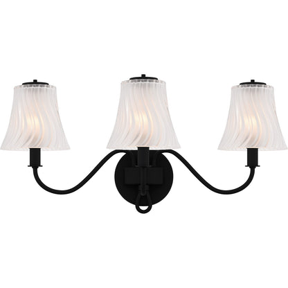 Quoizel McKinney 23in 3-Light Vanity Light | Traditional Matte Black and Clear Swirl Glass | Bathroom Vanity | 23 x 8.75 x 11 in | Model MCK8623MBK
