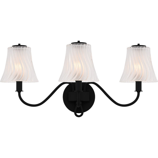 Quoizel McKinney 23in 3-Light Vanity Light | Traditional Matte Black and Clear Swirl Glass | Bathroom Vanity | 23 x 8.75 x 11 in | Model MCK8623MBK