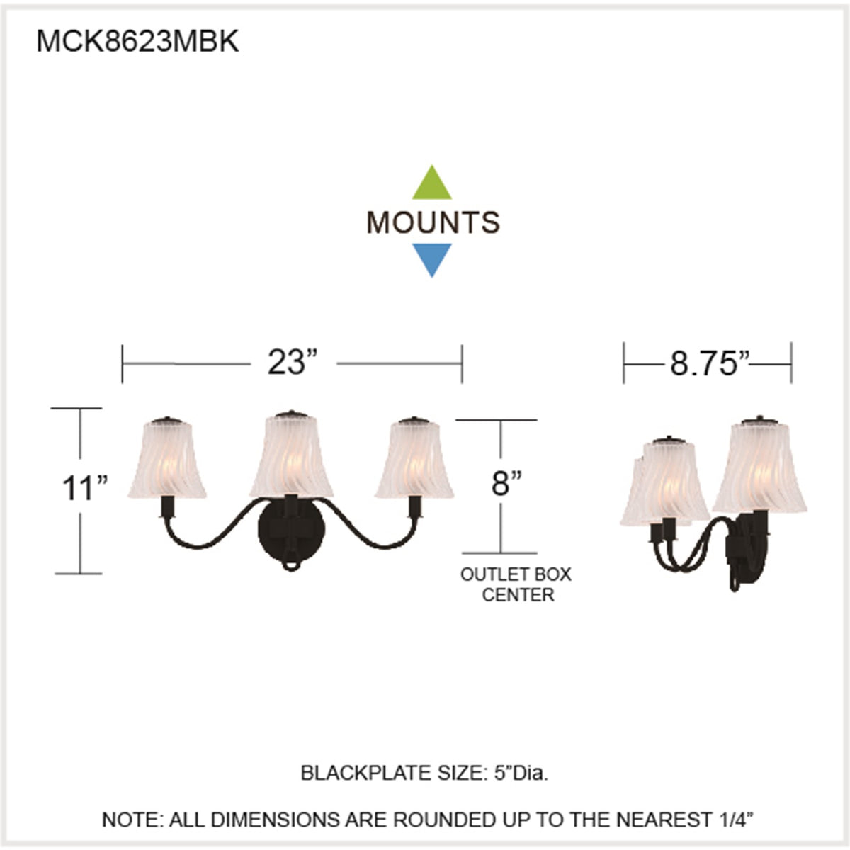 Quoizel McKinney 23in 3-Light Vanity Light | Traditional Matte Black and Clear Swirl Glass | Bathroom Vanity | 23 x 8.75 x 11 in | Model MCK8623MBK