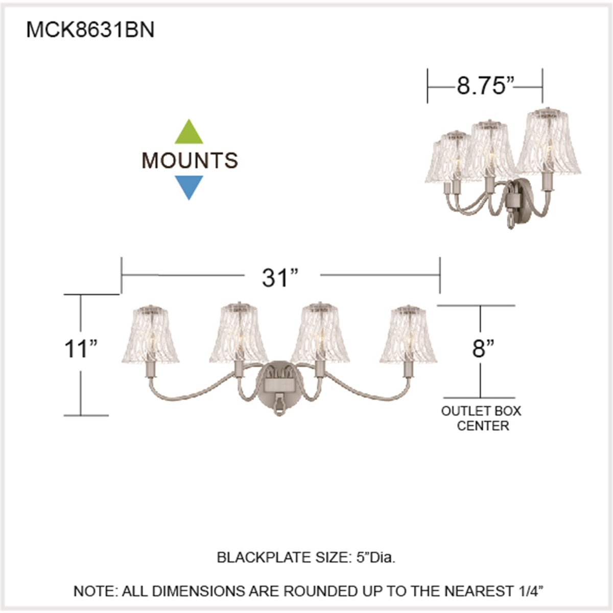 Quoizel McKinney 31in 4-Light Vanity Light | Traditional Brushed Nickel and Clear Swirl Glass | Bathroom Vanity | 31 x 8.75 x 11 in | Model MCK8631BN