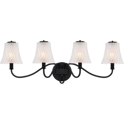Quoizel McKinney 31in 4-Light Vanity Light | Traditional Matte Black and Clear Swirl Glass | Bathroom Vanity | 31 x 8.75 x 11 in | Model MCK8631MBK