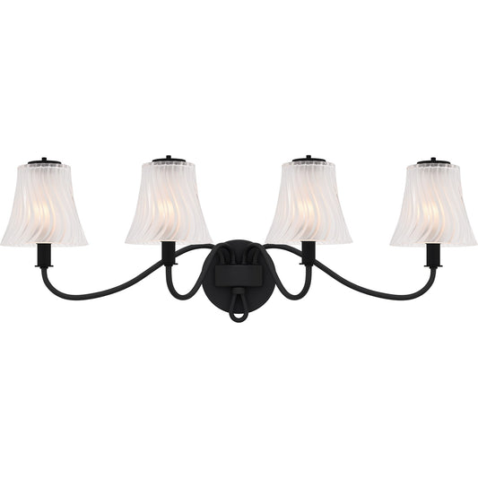 Quoizel McKinney 31in 4-Light Vanity Light | Traditional Matte Black and Clear Swirl Glass | Bathroom Vanity | 31 x 8.75 x 11 in | Model MCK8631MBK