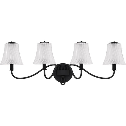 Quoizel McKinney 31in 4-Light Vanity Light | Traditional Matte Black and Clear Swirl Glass | Bathroom Vanity | 31 x 8.75 x 11 in | Model MCK8631MBK