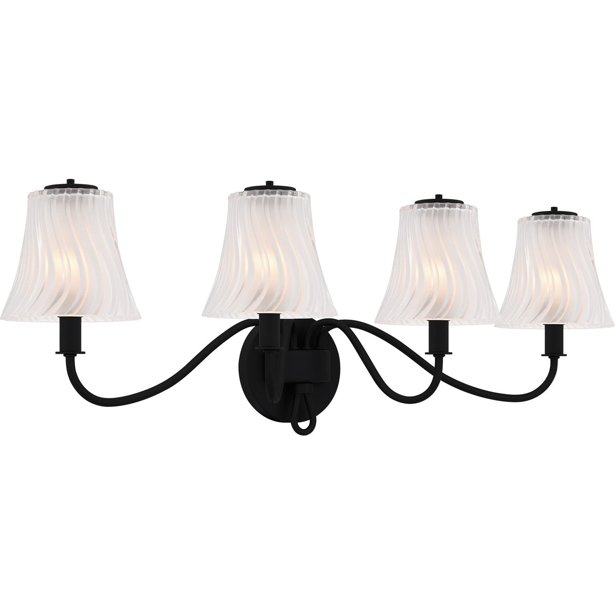 Quoizel McKinney 31in 4-Light Vanity Light | Traditional Matte Black and Clear Swirl Glass | Bathroom Vanity | 31 x 8.75 x 11 in | Model MCK8631MBK