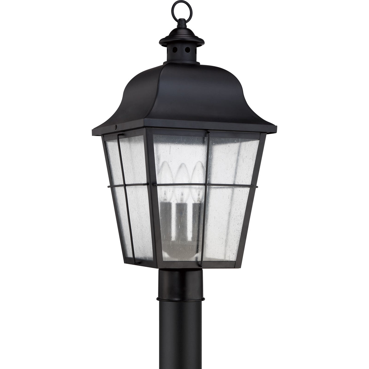 Quoizel Millhouse 10in 3-Light Outdoor Lantern | Traditional Mystic Black and Clear Seedy Glass | Front Porch & Entryway | Model MHE9010K