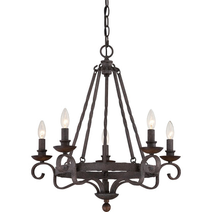Quoizel Noble 24in 5-Light Chandelier | Traditional Rustic Black Hammered Steel and Walnut Wood | Dining Room & Foyer | Model NBE5005RK