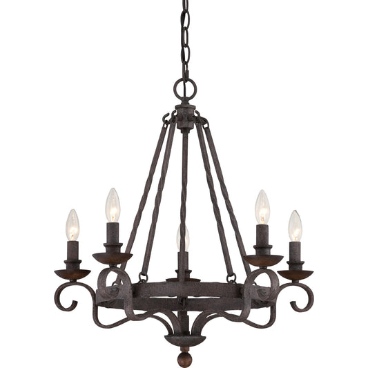 Quoizel Noble 24in 5-Light Chandelier | Traditional Rustic Black Hammered Steel and Walnut Wood | Dining Room & Foyer | Model NBE5005RK
