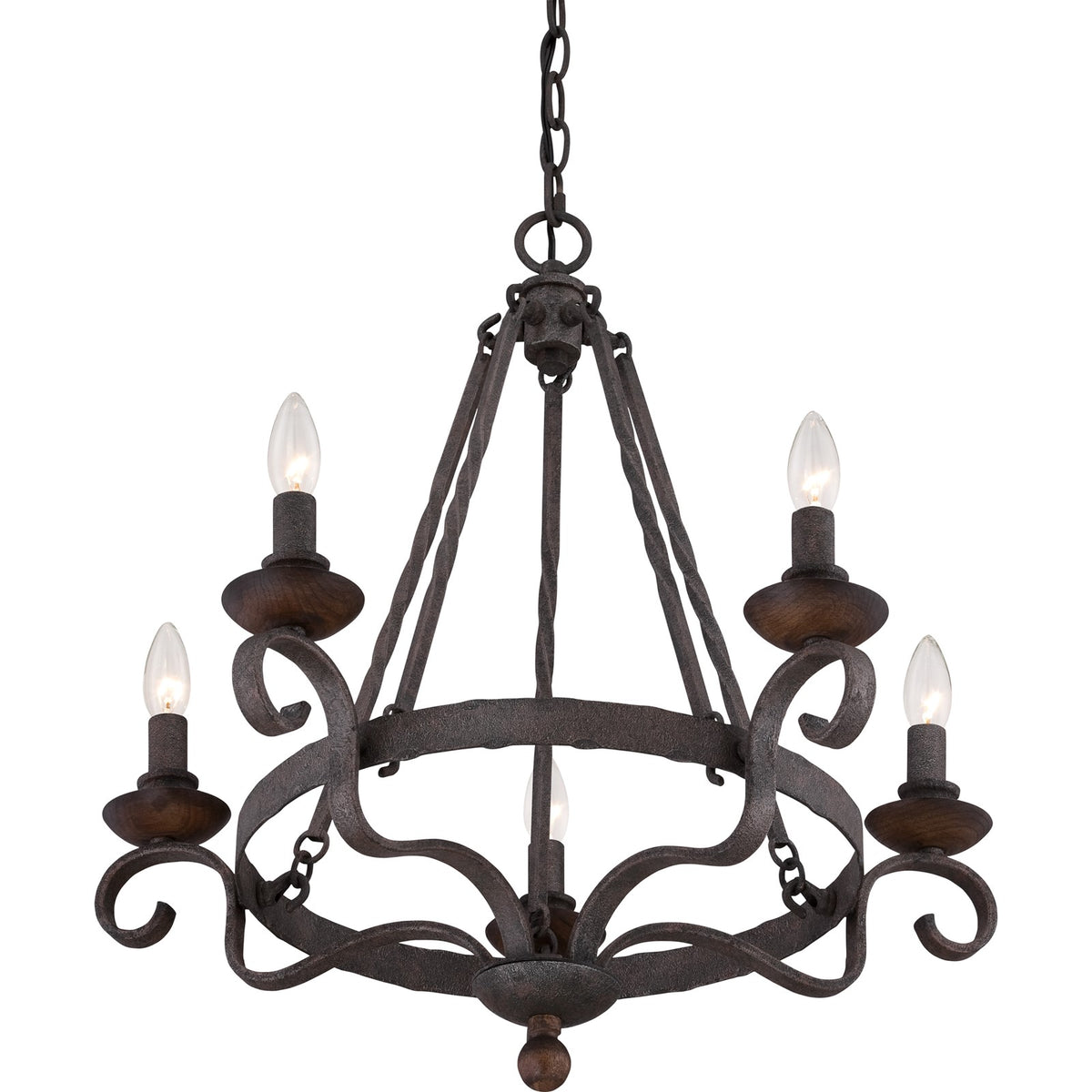 Quoizel Noble 24in 5-Light Chandelier | Traditional Rustic Black Hammered Steel and Walnut Wood | Dining Room & Foyer | Model NBE5005RK