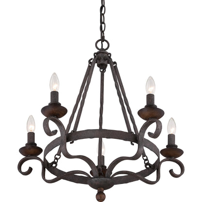 Quoizel Noble 24in 5-Light Chandelier | Traditional Rustic Black Hammered Steel and Walnut Wood | Dining Room & Foyer | Model NBE5005RK