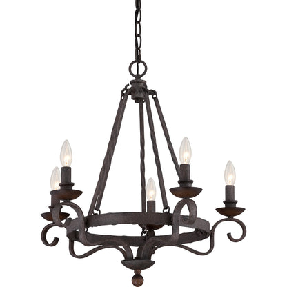 Quoizel Noble 24in 5-Light Chandelier | Traditional Rustic Black Hammered Steel and Walnut Wood | Dining Room & Foyer | Model NBE5005RK
