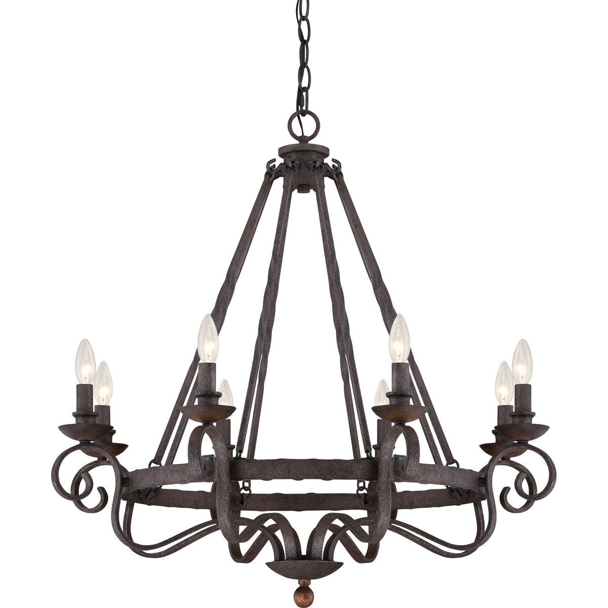 Quoizel Noble 32in 8-Light Chandelier | Traditional Rustic Black Hammered Steel and Walnut Wood | Dining Room & Foyer | Model NBE5008RK
