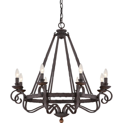 Quoizel Noble 32in 8-Light Chandelier | Traditional Rustic Black Hammered Steel and Walnut Wood | Dining Room & Foyer | Model NBE5008RK