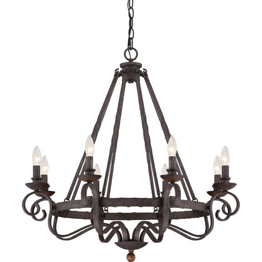 Quoizel Noble 32in 8-Light Chandelier | Traditional Rustic Black Hammered Steel and Walnut Wood | Dining Room & Foyer | Model NBE5008RK