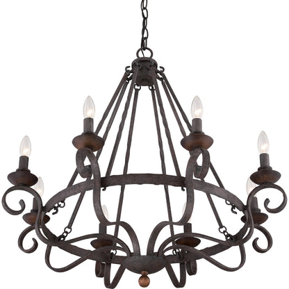 Quoizel Noble 32in 8-Light Chandelier | Traditional Rustic Black Hammered Steel and Walnut Wood | Dining Room & Foyer | Model NBE5008RK