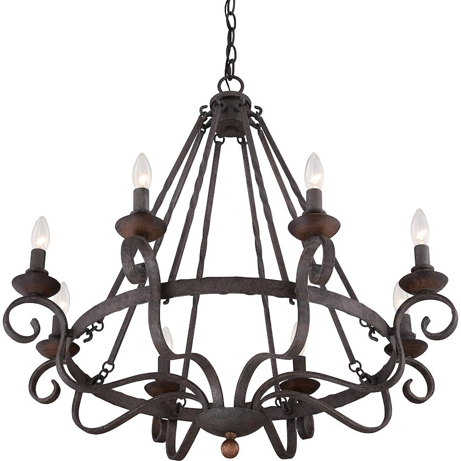Quoizel Noble 32in 8-Light Chandelier | Traditional Rustic Black Hammered Steel and Walnut Wood | Dining Room & Foyer | Model NBE5008RK