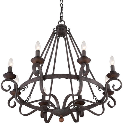 Quoizel Noble 32in 8-Light Chandelier | Traditional Rustic Black Hammered Steel and Walnut Wood | Dining Room & Foyer | Model NBE5008RK