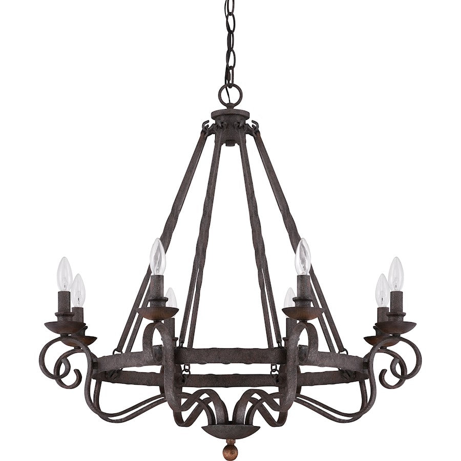 Quoizel Noble 32in 8-Light Chandelier | Traditional Rustic Black Hammered Steel and Walnut Wood | Dining Room & Foyer | Model NBE5008RK