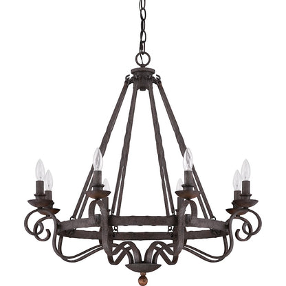 Quoizel Noble 32in 8-Light Chandelier | Traditional Rustic Black Hammered Steel and Walnut Wood | Dining Room & Foyer | Model NBE5008RK