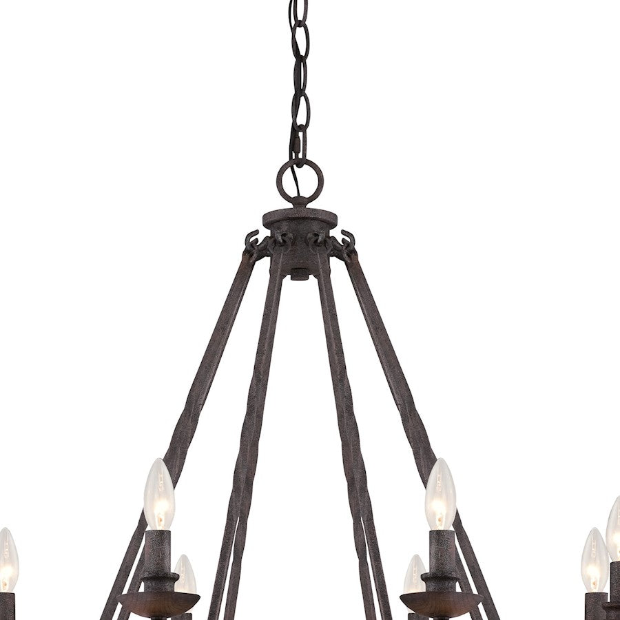 Quoizel Noble 32in 8-Light Chandelier | Traditional Rustic Black Hammered Steel and Walnut Wood | Dining Room & Foyer | Model NBE5008RK