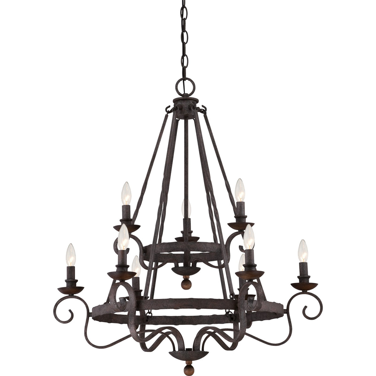 Quoizel Noble 32in 9-Light Chandelier | Traditional Rustic Black Steel and Walnut Wood | Dining Room & Foyer | 32 x 32 x 36 in | Model NBE5009RK