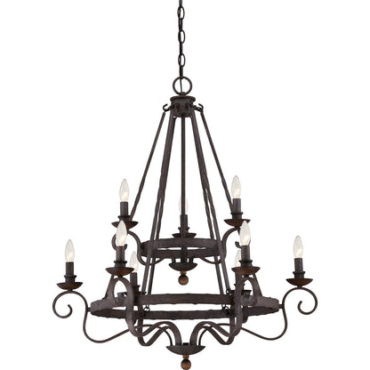 Quoizel Noble 32in 9-Light Chandelier | Traditional Rustic Black Steel and Walnut Wood | Dining Room & Foyer | 32 x 32 x 36 in | Model NBE5009RK