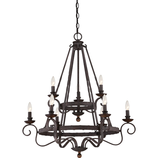 Quoizel Noble 32in 9-Light Chandelier | Traditional Rustic Black Steel and Walnut Wood | Dining Room & Foyer | 32 x 32 x 36 in | Model NBE5009RK