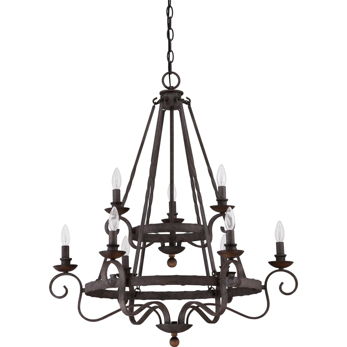 Quoizel Noble 32in 9-Light Chandelier | Traditional Rustic Black Steel and Walnut Wood | Dining Room & Foyer | 32 x 32 x 36 in | Model NBE5009RK