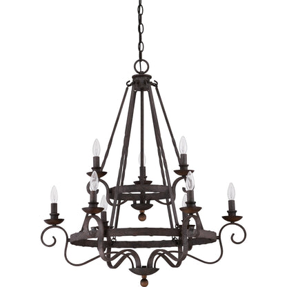 Quoizel Noble 32in 9-Light Chandelier | Traditional Rustic Black Steel and Walnut Wood | Dining Room & Foyer | 32 x 32 x 36 in | Model NBE5009RK