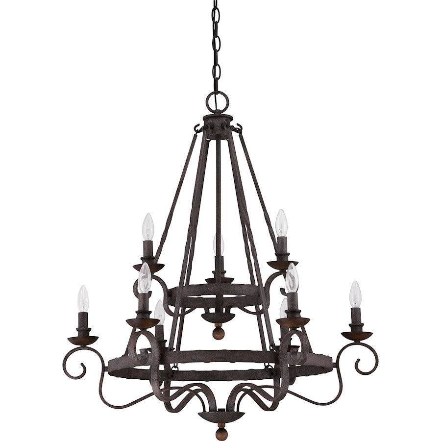 Quoizel Noble 32in 9-Light Chandelier | Traditional Rustic Black Steel and Walnut Wood | Dining Room & Foyer | 32 x 32 x 36 in | Model NBE5009RK