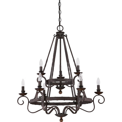 Quoizel Noble 32in 9-Light Chandelier | Traditional Rustic Black Steel and Walnut Wood | Dining Room & Foyer | 32 x 32 x 36 in | Model NBE5009RK