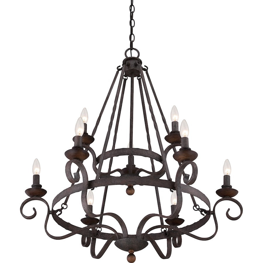 Quoizel Noble 32in 9-Light Chandelier | Traditional Rustic Black Steel and Walnut Wood | Dining Room & Foyer | 32 x 32 x 36 in | Model NBE5009RK