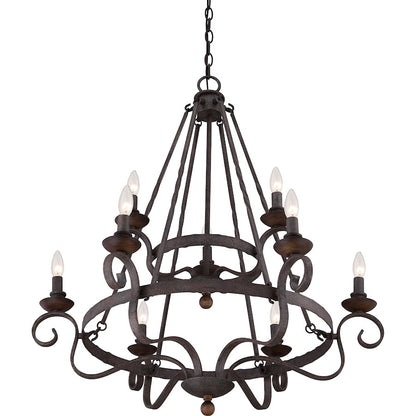 Quoizel Noble 32in 9-Light Chandelier | Traditional Rustic Black Steel and Walnut Wood | Dining Room & Foyer | 32 x 32 x 36 in | Model NBE5009RK