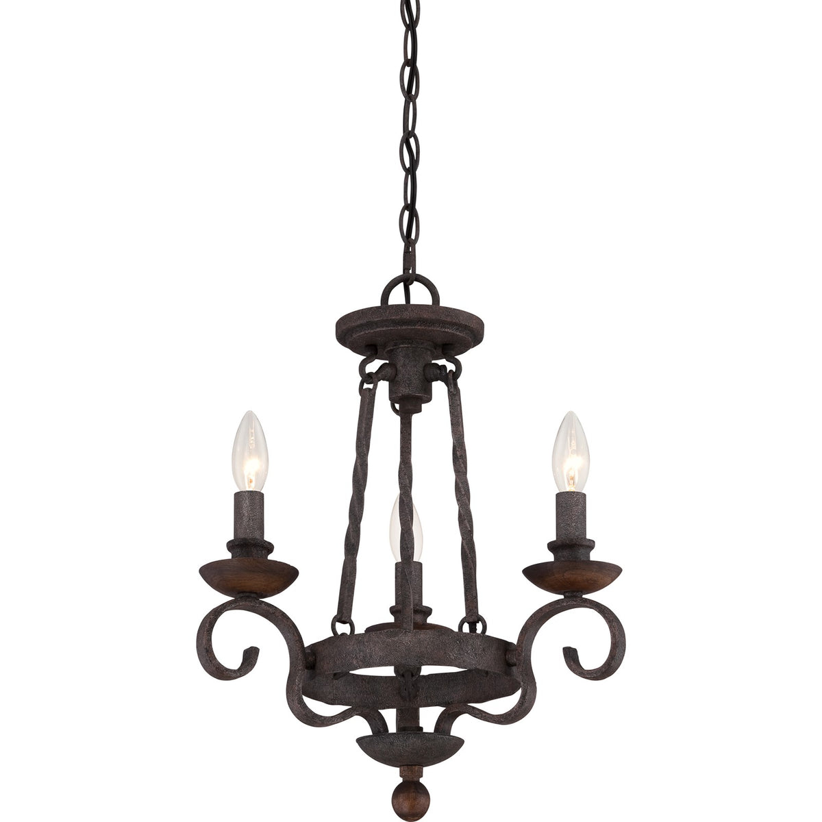 Quoizel Noble 15in 3-Light Chandelier | Traditional Rustic Black Steel and Walnut Wood | Dining Nook & Foyer | 15.5 x 15.5 x 18.5 in | Model NBE5303RK
