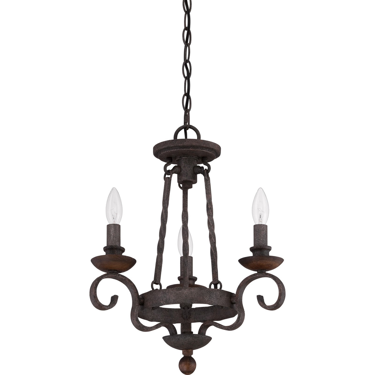 Quoizel Noble 15in 3-Light Chandelier | Traditional Rustic Black Steel and Walnut Wood | Dining Nook & Foyer | 15.5 x 15.5 x 18.5 in | Model NBE5303RK