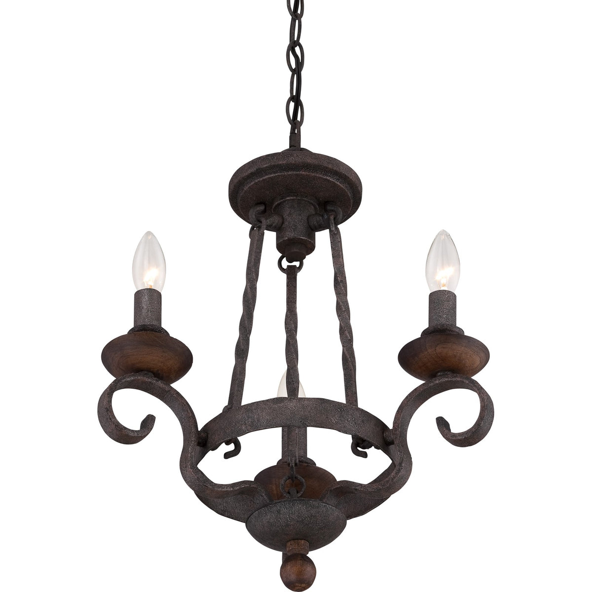 Quoizel Noble 15in 3-Light Chandelier | Traditional Rustic Black Steel and Walnut Wood | Dining Nook & Foyer | 15.5 x 15.5 x 18.5 in | Model NBE5303RK