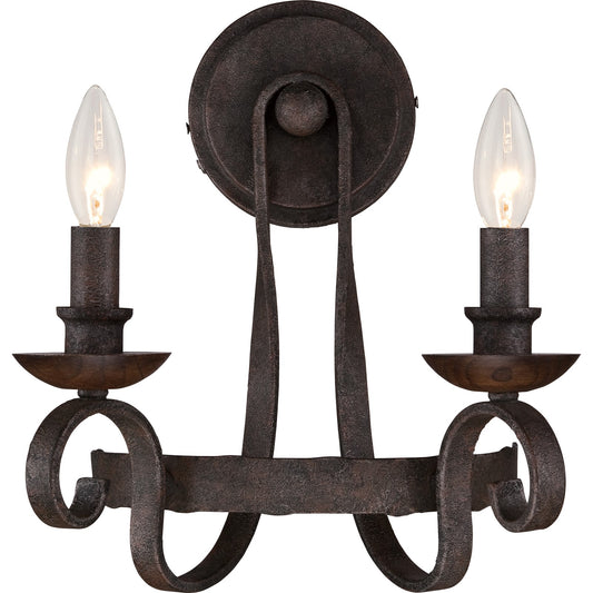 Quoizel Noble 2-Light Wall Sconce | Traditional Rustic Black Steel and Walnut Wood | Bedroom & Hallway Accent Light | Model NBE8702RK